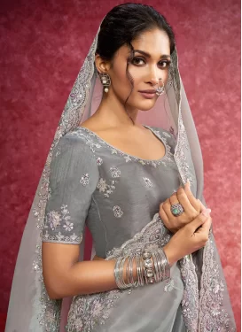 Grey Tissue Embroidered Work Traditional Saree for Women