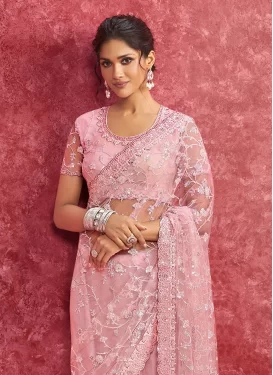 Embroidered Work Net Trendy Saree in Pink for Party