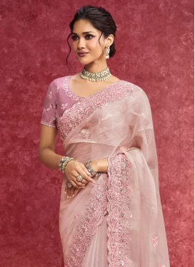 Embroidered Work Fancy Fabric Trendy Saree in Beige and Pink for Women