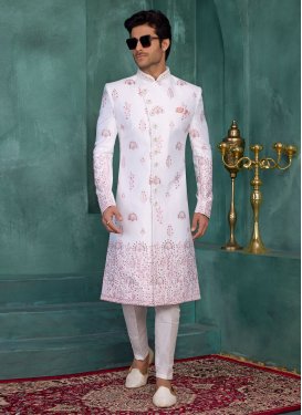 Beads Work Art Silk Wedding Sherwani in White for Festival