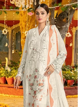 Embroidered Work Chiffon Pakistani Suit in Off White for Festival