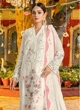 Chiffon Pakistani Suit in Off White with Embroidered Work for Festival