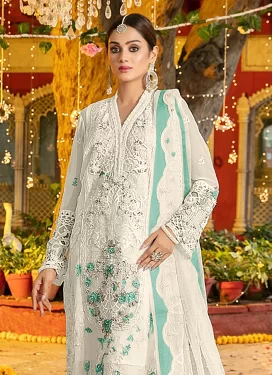 Embroidered Work Chiffon Pakistani Suit in Off White for Women