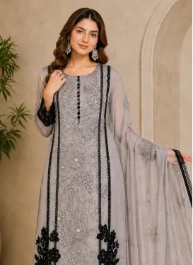 Organza Embroidered Work Pakistani Suit in Grey