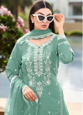 Viscose Embroidered Work Readymade Salwar Suit in Sea Green