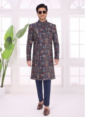Art Silk Wedding Sherwani with Cutdana Work in Navy Blue