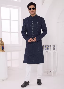 Art Silk Wedding Sherwani with Embroidered Work for Festival in Navy Blue