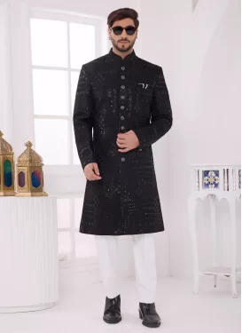 Black Art Silk Chicken Work Wedding Sherwani for Men