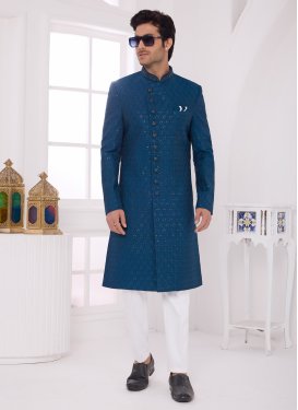 Art Silk Wedding Sherwani with Cutdana Work for Festival in Teal