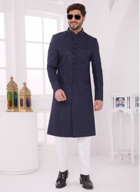 Cutdana Work Art Silk Wedding Sherwani in Navy Blue for Men