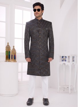 Black Art Silk Embroidered Work Wedding Sherwani for Men