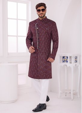 Art Silk Wedding Sherwani in Wine with Embroidered Work for Men