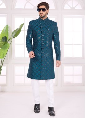 Teal Art Silk Wedding Sherwani with Cutdana Work for Festival