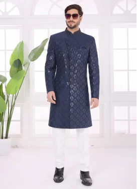 Cutdana Work Art Silk Wedding Sherwani in Navy Blue for Festival