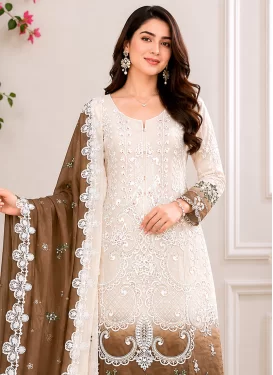 Embroidered Work Georgette Pakistani Suit in Gold and Off White for Women