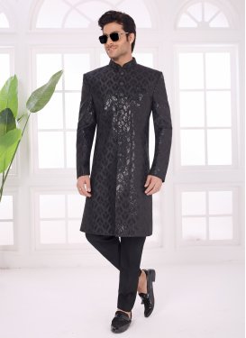 Black Art Silk Wedding Sherwani with Cutdana Work for Party