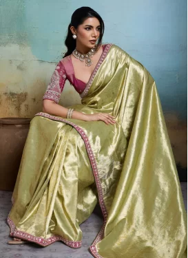 Banarasi Silk Trendy Saree with Embroidered Work in Mint Green for Festival