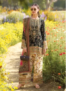 Digital Print Work Chinon Punjabi Salwar Suit in Black and Cream for Women