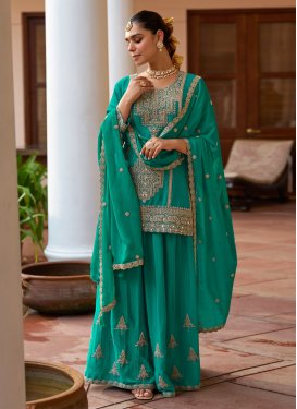 Chinon Palazzo Suit in Sea Green with Embroidered Work for Women