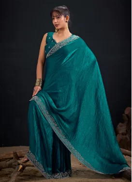 Swarovski Work Fendi Silk Traditional Saree in Teal for Ceremonial