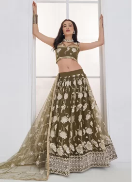 Embroidered Work Net Designer Lehenga Choli in Olive for Festival