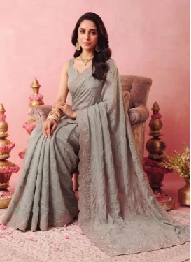 Satin Silk Classic Saree with Embroidered Work in Aqua Blue for Festival