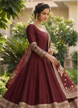 Vichitra Silk Anarkali Suit with Embroidered Work in Maroon for Party