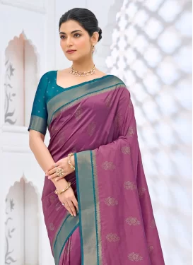 Art Silk Traditional Saree with Woven Work in Mauve Pink and Teal for Ceremonial