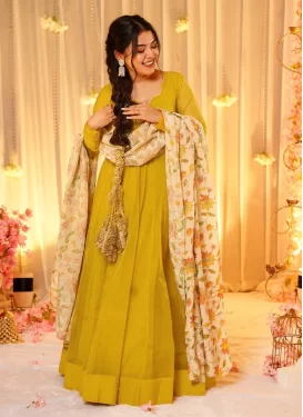 Digital Print Work Silk Blend Trendy Gown in Mustard for Women