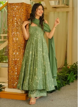 Digital Print Work Maslin Anarkali Suit in Sea Green for Women