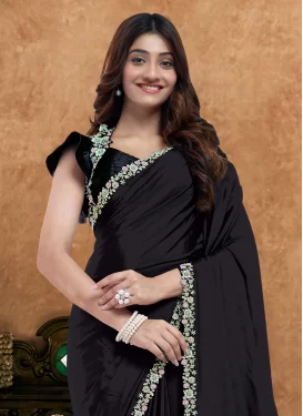 Embroidered Work Crepe Silk Trendy Saree in Black for Women