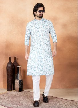 Digital Print Work Art Silk Kurta Pajama in White for Festival