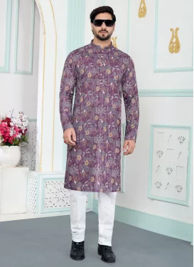 Art Silk Kurta Pajama in Purple and White with Digital Print Work for Men