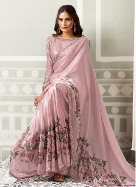 Beads Work Satin Silk Trendy Saree in Mauve for Women