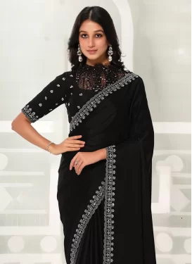 Satin Silk Traditional Saree with Embroidered Work for Festival in Black