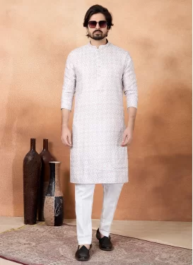 Digital Print Work Art Silk Kurta Pajama in White for Men