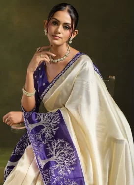 Organza Classic Saree in Cream and Purple with Embroidered Work for Women