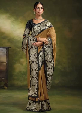Organza Classic Saree with Embroidered Work in Black and Mustard