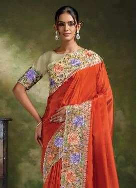 Organza Traditional Saree in Cream and Tomato with Embroidered Work for Women