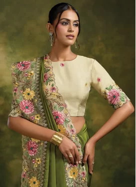 Organza Traditional Saree with Embroidered Work in Cream and Olive for Festival
