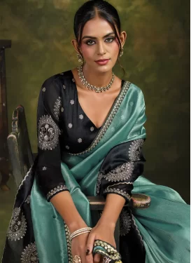 Organza Embroidered Work Traditional Saree in Aqua Blue and Black