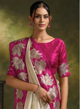 Embroidered Work Organza Traditional Saree in Cream and Rose Pink for Women