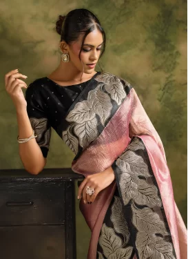 Embroidered Work Organza Trendy Saree in Black and Pink for Festival