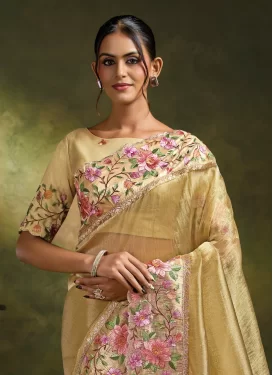 Embroidered Work Organza Trendy Saree in Cream for Women