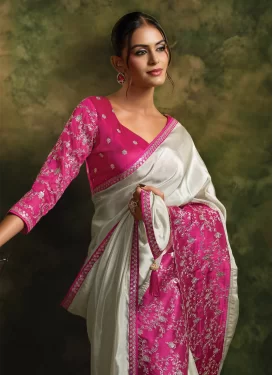 Off White and Rose Pink Organza Trendy Saree with Embroidered Work for Ceremonial