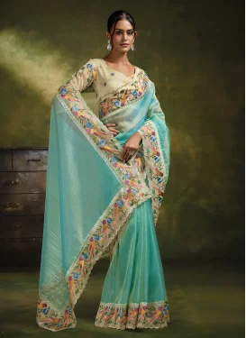 Organza Trendy Saree in Turquoise with Embroidered Work for Festival