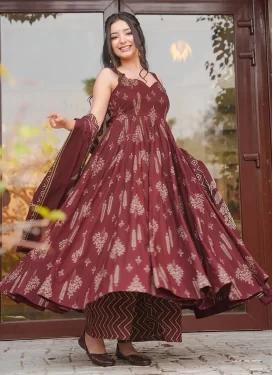 Digital Print Work Maslin Anarkali Suit in Rust for Women