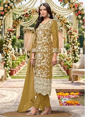 Fancy Fabric Embroidered Work Straight Suit in Aloe Veera Green