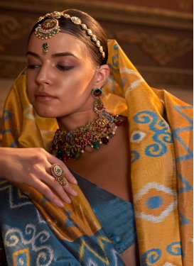 Digital Print Work Traditional Saree For Casual in Mustard and Teal