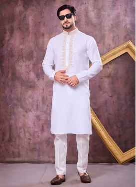 White Cotton Silk Embroidered Work Kurta Pajama for Men